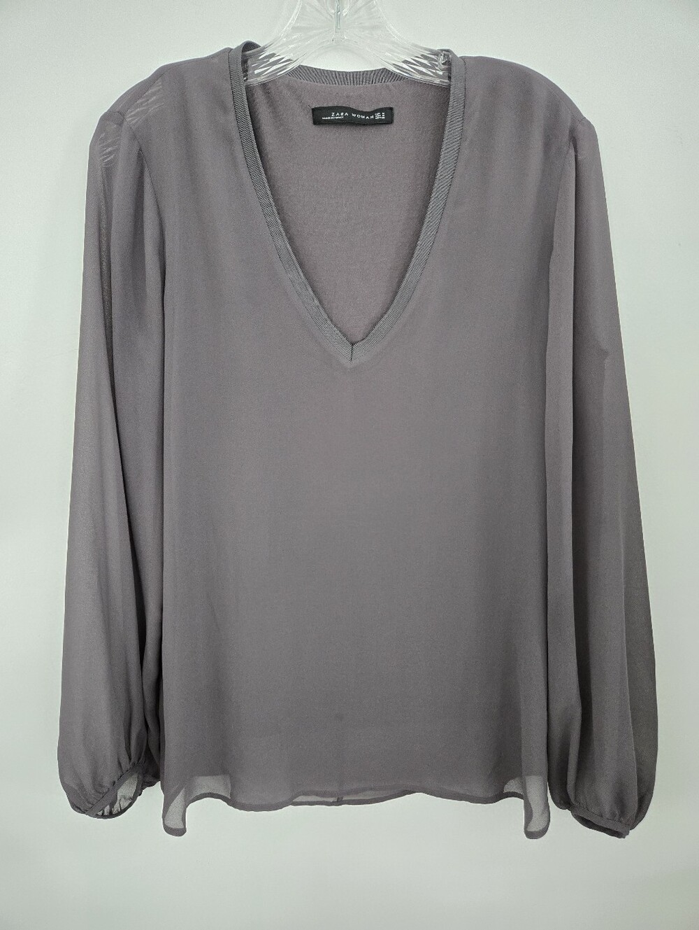 Zara Woman V-neck Top with Long Chiffon Sleeves, a layered mixed-media blouse. G